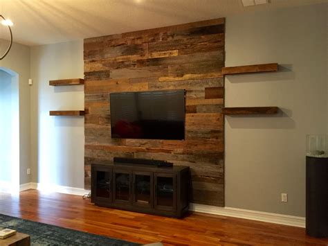 Trevor's Reclaimed Barn Wood Accent Wall with Shelving latest project by Fama Creations custom ...