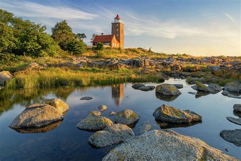 Denmark, Bornholm, Svaneke, Scandinavia, Baltic Sea, Rocky Coast At Svaneke Gamle Fyr Lighthouse ...