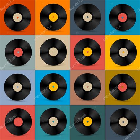 Retro, Vintage Vector Vinyl Record Disc Set on Colorful Background ...