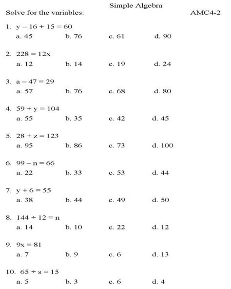Printable Algebra Worksheets