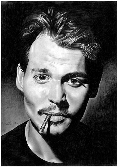 Photo Johnny Depp Men cigaret Black and white Staring Celebrities