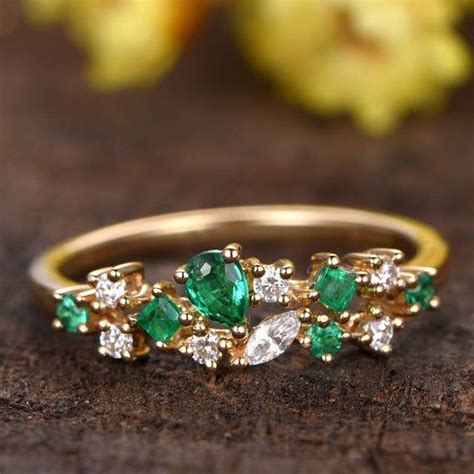 Solid 14K yellow gold emerald engagement ring diamond wedding | Etsy in ...