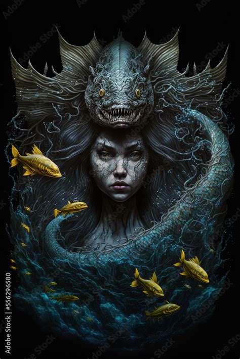 siren, mermaid, underwater, dark fantasy, horror, demons, art illustration Illustration Stock ...