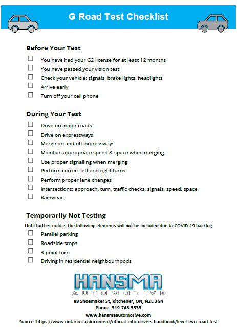 2022 G Road Test Checklist: Downloadable PDF — Hansma Automotive