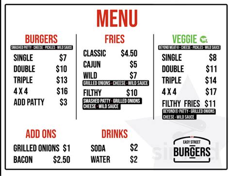 Easy Street Burgers menu in Studio City, California, USA