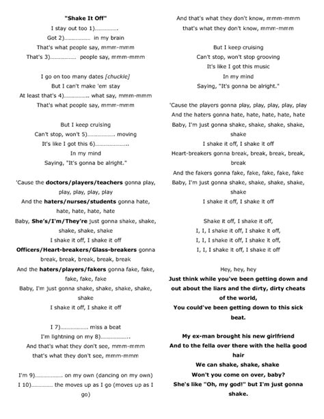 Song Worksheet: Shake It Off by Taylor Swift