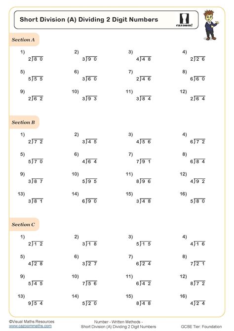 Short Division (A) Dividing 2 Digit Numbers Worksheet | Printable PDF Worksheets