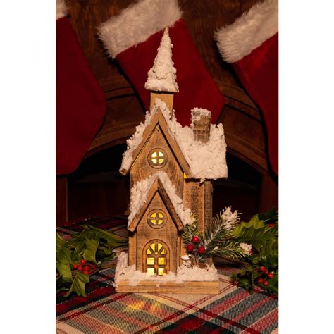 Alpine Corporation 16 in. Christmas Wooden House with 10 LED Lights ...