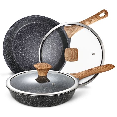 Miusco Nonstick Frying Pan and Skillet Set with Lids, Granite Stone Cookware, 10 and 12 inches ...