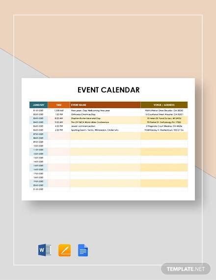 Monthly Event Calendar Template Excel | PDF Template