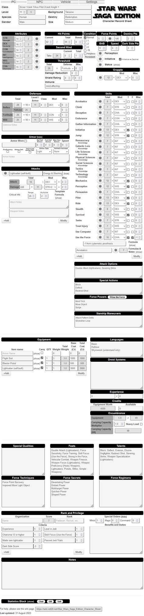 Star Wars Saga Edition Character Sheet - Roll20 Wiki