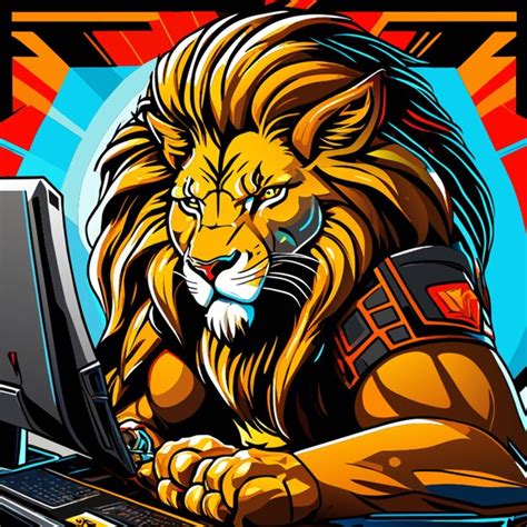 Premium Vector | Lion playing pc games vector illustration