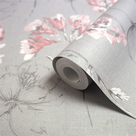 Holden Grey & pink Floral Smooth Wallpaper | Departments | DIY at B&Q