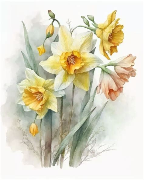 Yellow Daffodils Painting Watercolor - Gold Print Design - Digital Art ...