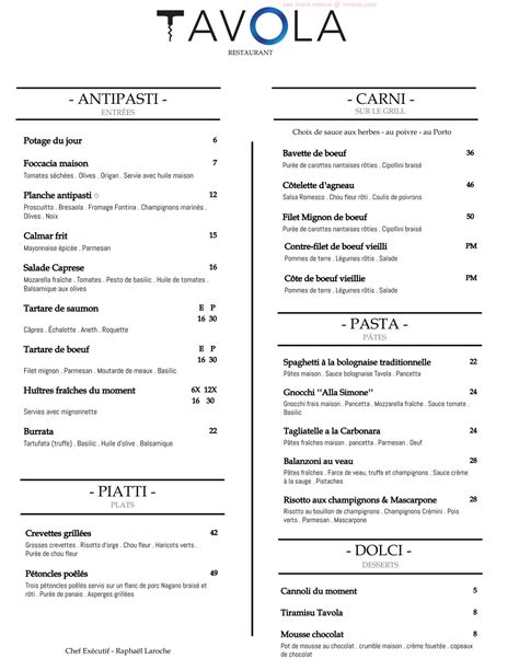 Menu at Tavola Restaurant, Baie-Saint-Paul