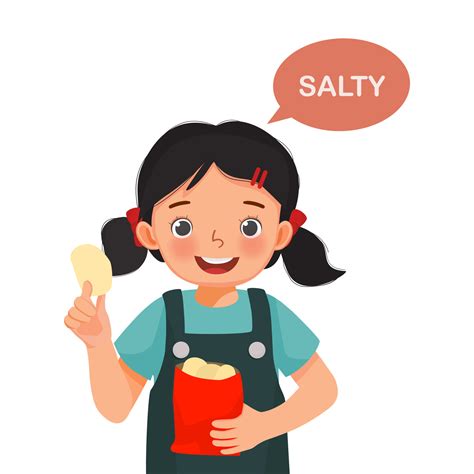 cute little girl holding potato chip showing salty taste of tongue five senses 12664167 Vector ...