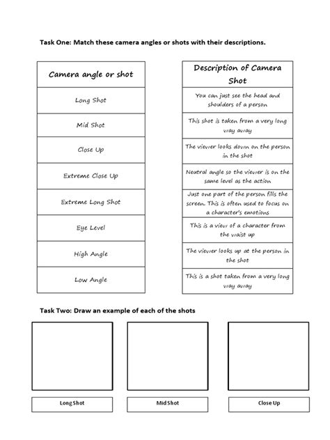 Camera Angle or Shot Worksheet | Video