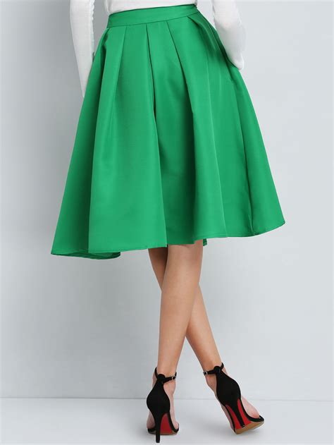 Green Flare Pleated Midi Skirt -SheIn(Sheinside)