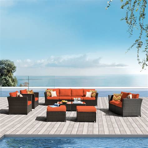 RS902 Ovios Patio Furniture 12-piece Rattan Wicker Outdoor Sectional Set with 4 Pillows and 2 ...