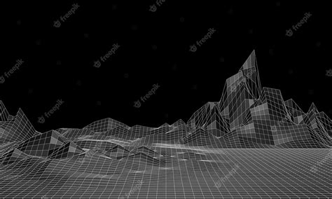 Premium Photo | 3d rendering. low poly mountain grid. black and white ...