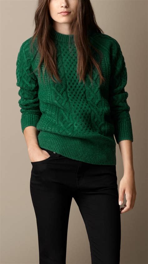 Burberry Wool Blend Cable Knit Sweater in Forest Green (Green) | Lyst UK