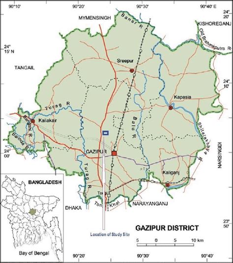 Map of Gazipur District, central Bangladesh, showing the location of ...