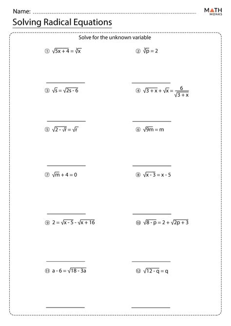 Solving Radical Equations Worksheets - Math Monks