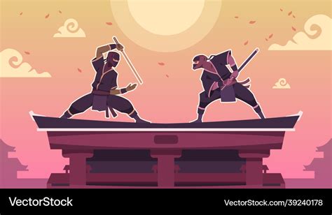 Ninja fight cartoon scene with ancient japanese Vector Image