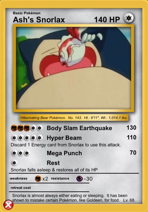 Ash's Snorlax | Pokemon cards, Pokemon, Snorlax