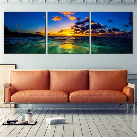 Hawaiian Sunset Canvas Wall Art, Blue Ocean Sky Triptych Canvas Print ...