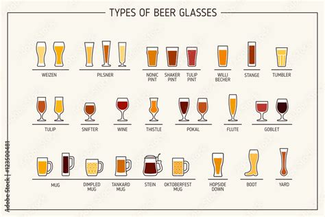 Beer glass types. Beer glasses and mugs with names. Vector illustration ...