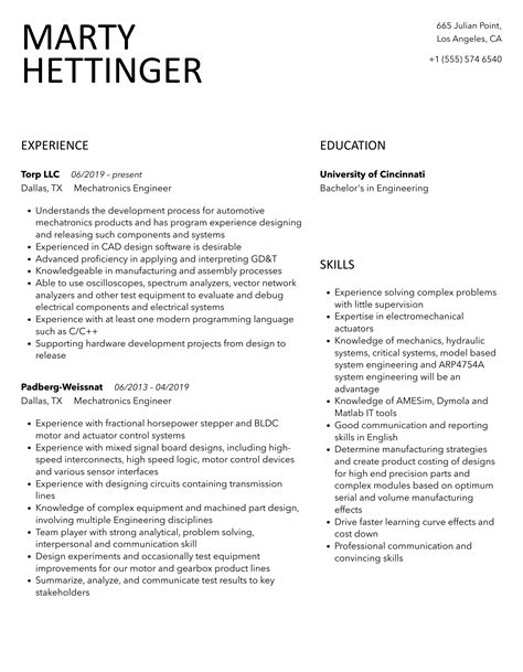 Mechatronics Engineer Resume Samples | Velvet Jobs