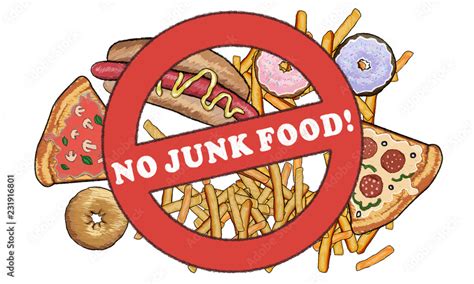 No Junk food! Illustrated with a Sign on top of Junkf ood Stock ...