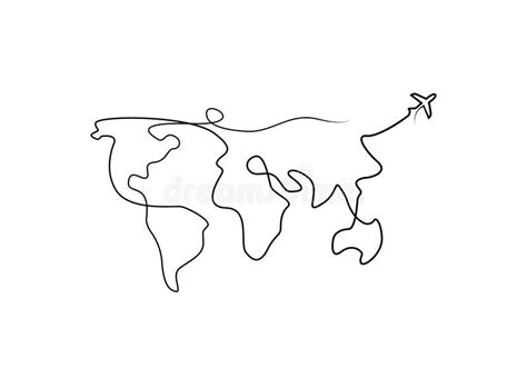 World Map One Line Drawing Isolated Vector. Continuous Line World Map with Plane. Travel Concept ...