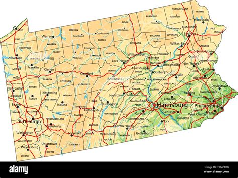 High detailed Pennsylvania physical map with labeling Stock Vector ...