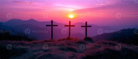 AI generated Crucifixion and Resurrection of Jesus at sunset. Three wooden crosses against ...