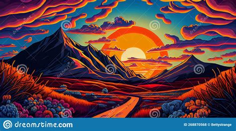 Colorful Psychedelic Landscape Cartoon Style Wallpaper. 70s Hippie ...