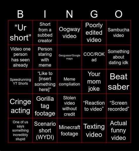 YT Shorts Bingo Card