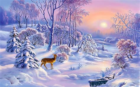 Download Sunset Snow Tree Landscape Deer Artistic Winter HD Wallpaper