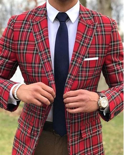 Peak Lapel Slim Fit Checked Pattern Plaid Red Suits Jackes for Men with ...