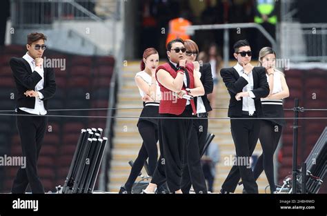 Psy performs on stage at the Capital FM's Summertime Ball at Wembley ...