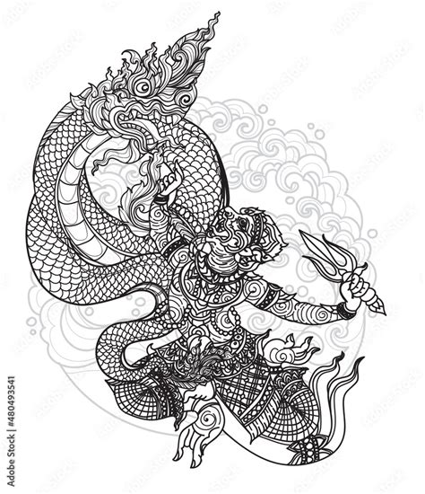 Tattoo art thai monkey and thai dragon pattern literature hand drawing ...