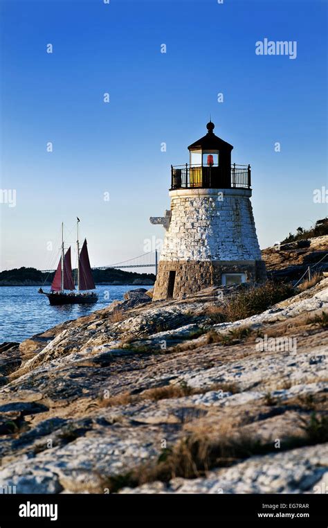 Castle Hill lighthouse overlooking Narragansett Bay, Newport, RI, Rhode Island, USA Stock Photo ...