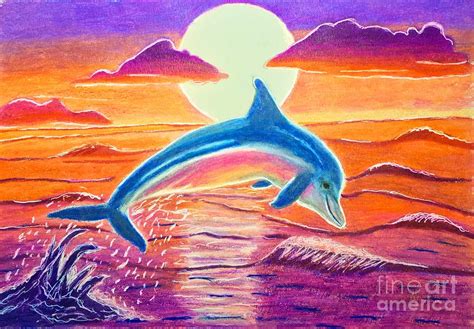 Dolphin at sunset Drawing by Melanie Nadeau