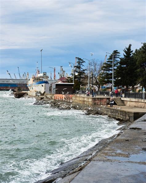 Tuapse, Russia, - December 26, 2020. Port of Small Town of Tuapse in South of Russia, People ...