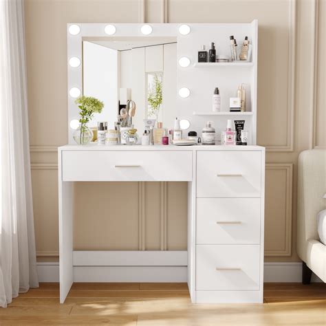 Rovaurx Makeup Vanity Table with Lighted Mirror, Makeup Vanity Desk with Storage Shelf and 4 ...