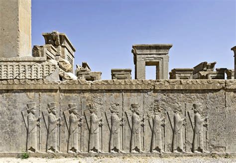 Darius's Palace (Tachara), relief of Persian soldiers beside Xerxes's inscription, Persepolis ...