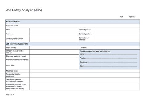 Job safety analysis (JSA) template in Word and Pdf formats