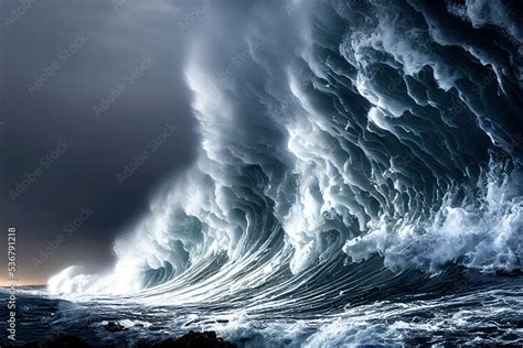 Giant tsunami waves, dark stormy sky. Perfect Storm. Huge waves Tsunami Big waves. Stock ...