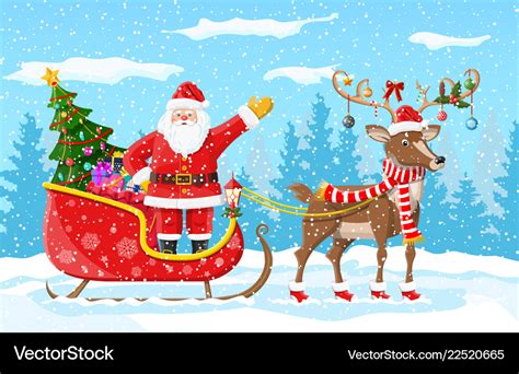 Christmas tree santa claus with reindeer sleigh Vector Image